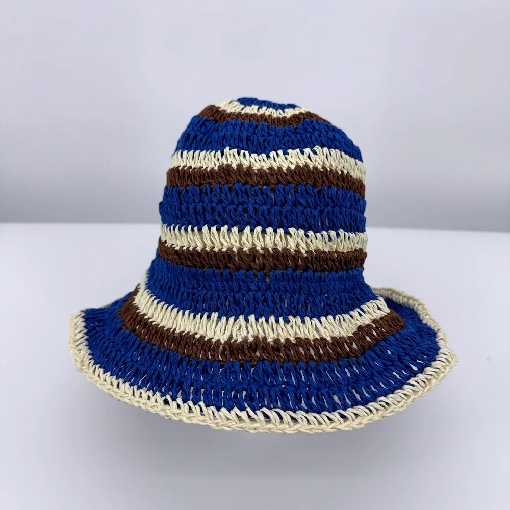 Timeless Basic Striped Straw Bucket Hat Womens OS Blue Brown Crochet Sun Hat